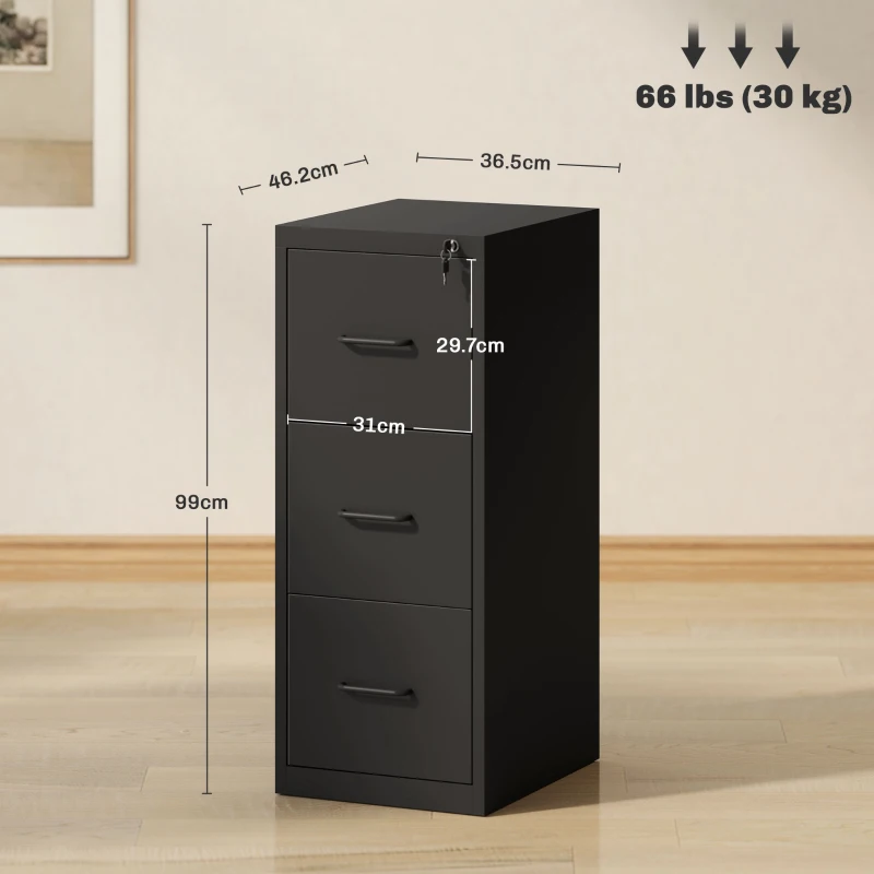 HOMCOM Dulap de Birou cu 3 Sertare și Bară Reglabilă, Sertar de Birou pentru Documente, 36,5x46,2x99 cm, Negru