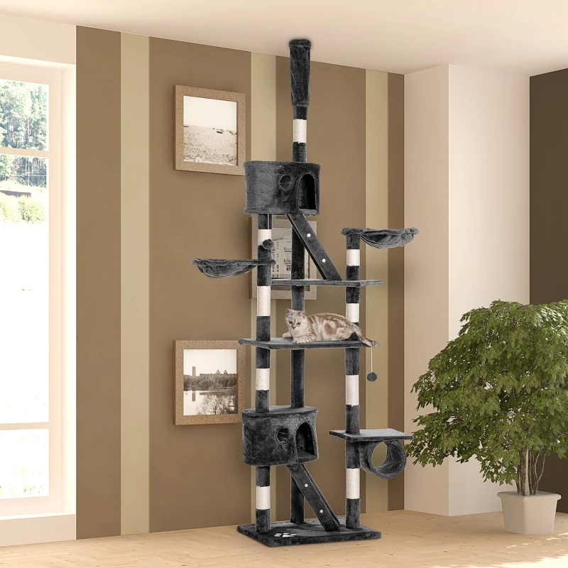 PawHut Floor-to-Ceiling Cat Tree for Indoor Cats, 240-260cm Adjustable Cat Tree - Dark Grey