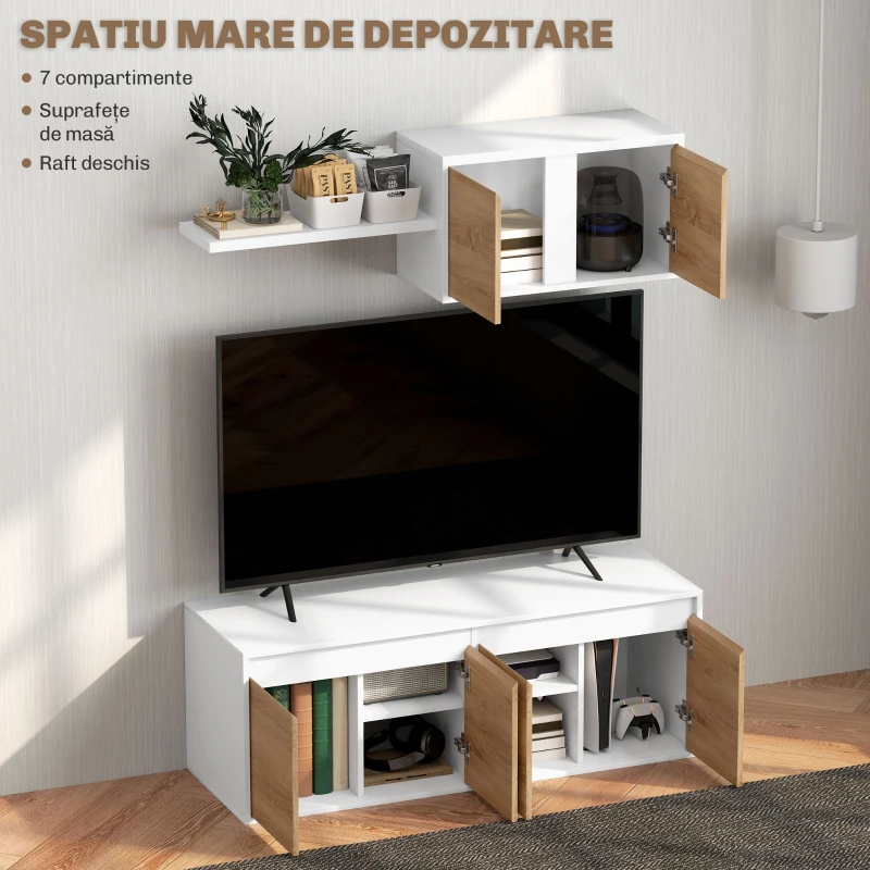 HOMCOM Set Mobilier TV și Dulap Suspendat cu 7 Rafturi și Raft Deschis, Mobilier pentru TV din PAL, 120x41x43,3 cm, Alb