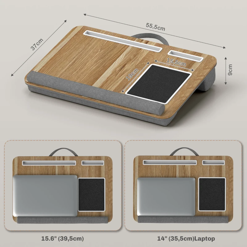 HOMCOM Suporte para Portátil com Amofada Ranhura para Tablet Almofada para Mouse Apoio para os Punhos Mesa para Portátil 55,5x37x9 cm Carvalho