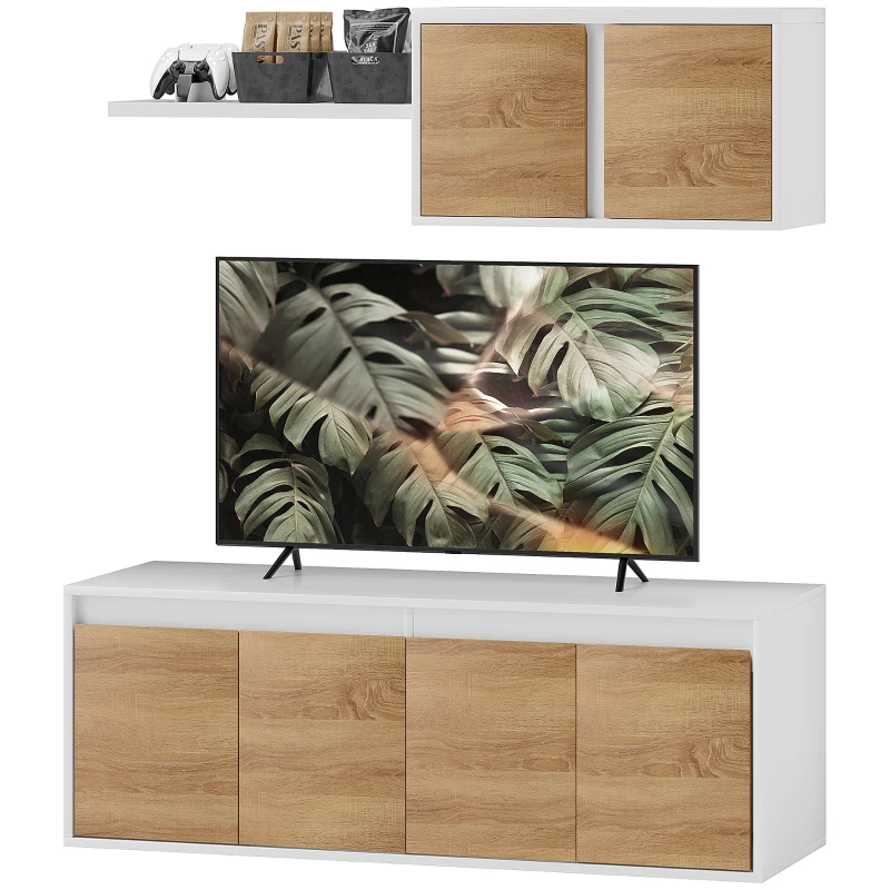 HOMCOM Set Mobilier TV și Dulap Suspendat cu 7 Rafturi și Raft Deschis, Mobilier pentru TV din PAL, 120x41x43,3 cm, Alb