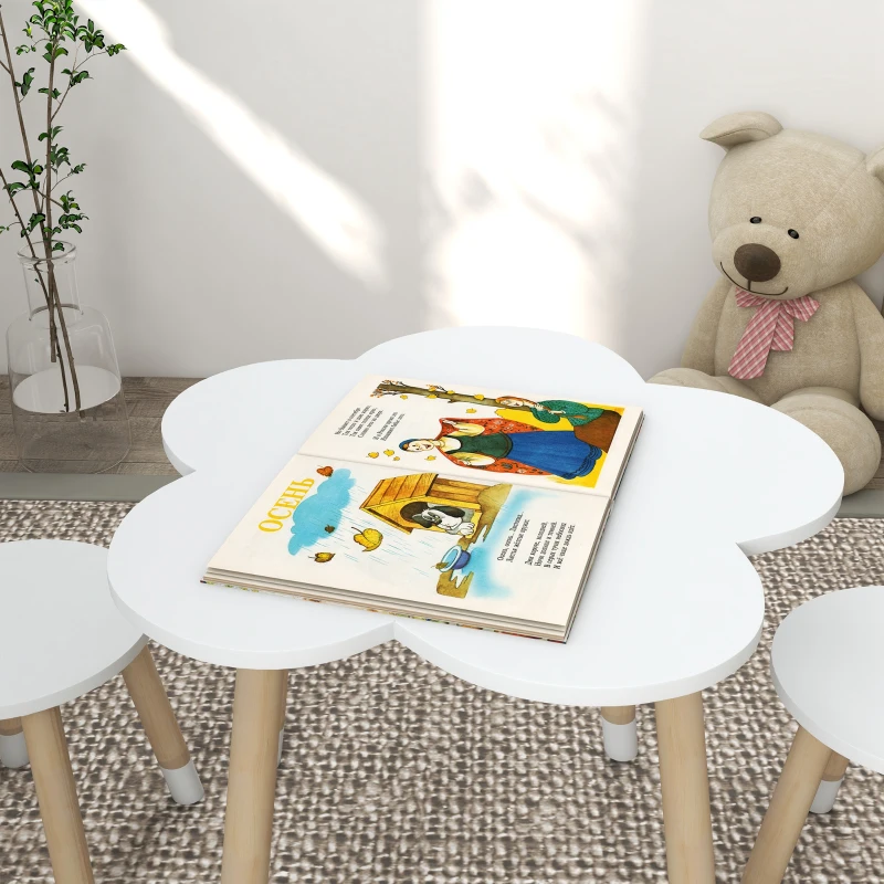 ZONEKIZ Conjunto de Mesa e 2 Cadeira para Crianças de 2-5 Anos Mesa com Forma de Flor Ø59x50 cm e Cadeiras Ø28x26 cm Branco