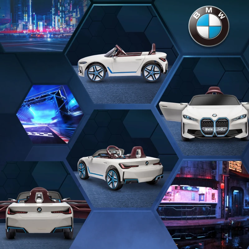 HOMCOM Masinuta Electrica pentru Copii BMW i4 cu Licenta de 12V cu Telecomanda, Masina Alimentata Electric cu Baterii Portabile, Muzica, Claxon, Faruri, Slot MP3, Roti cu Suspensii, pentru Varste intre 3-6 ani - Alb(m-8)
