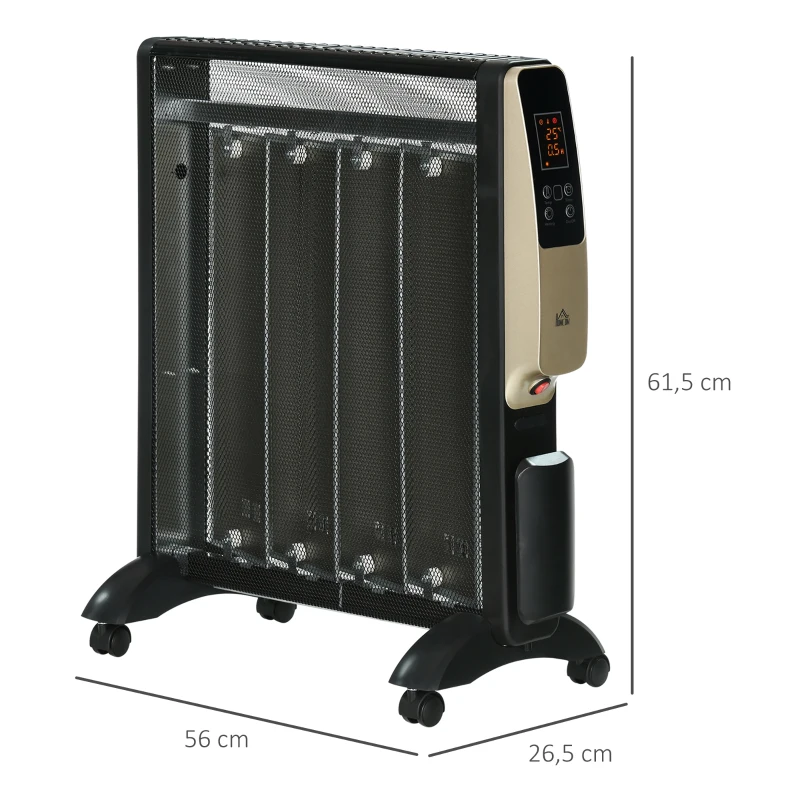 HOMCOM Aquecedor Elétrico 1000/2000W com Painel de Mica Controlo Remoto Termostato Temporizador e 4 Rodas 56x26,5x61,5cm Preto
