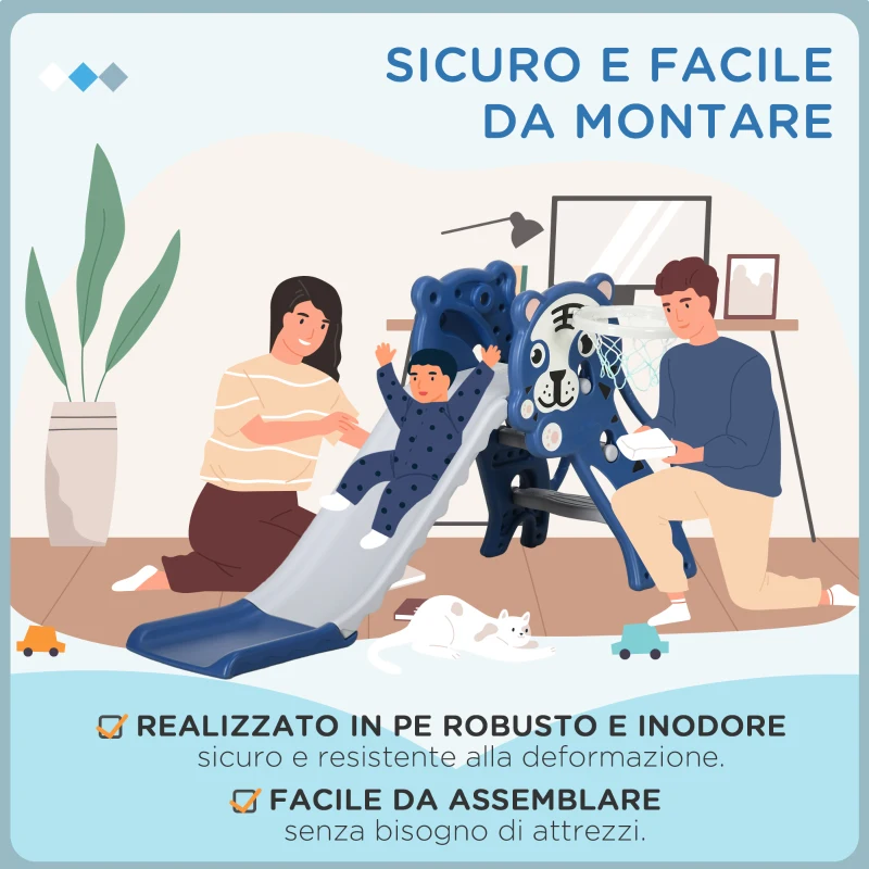 AIYAPLAY Scivolo per Bambini 18-36 Mesi con Canestro da Basket Laterale in PE, 133x60x70 cm, Blu e Grigio