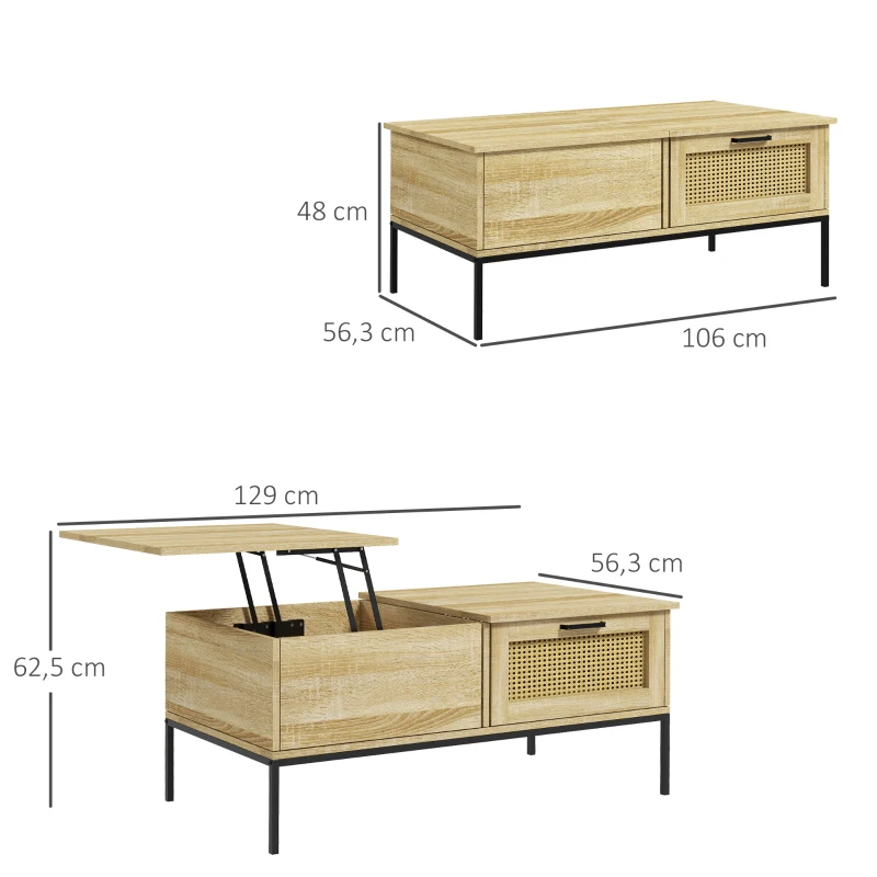 HOMCOM Table basse avec plateau relevable table de salon avec 2 grands tiroirs cadre en acier 106 x 56,3 x 48 cm naturel
