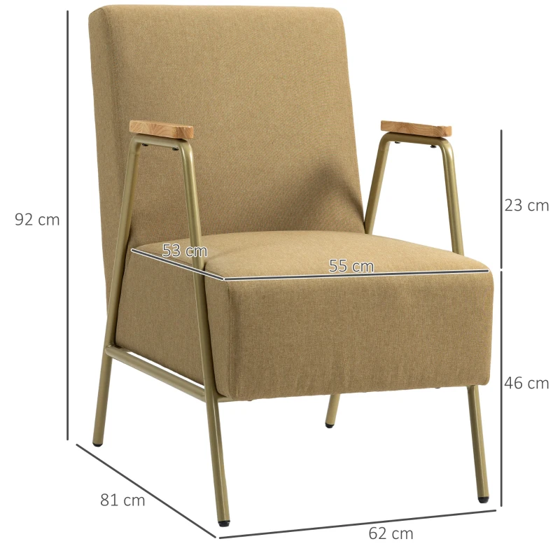 HOMCOM Poltrona Individual com Apoios de Braços Estrutura em Aço Dourado Estilo Moderno para Sala Quarto 62x81x92 cm Castanho