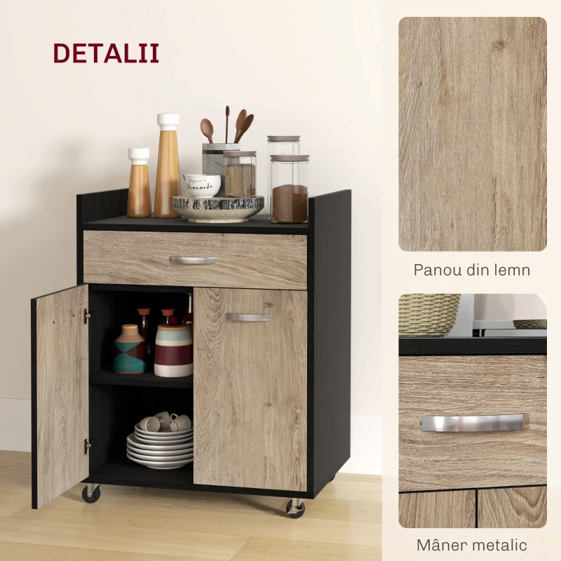 HOMCOM Cărucior de Bucătărie cu Sertar și Dulăpior, Insulă de Bucătărie cu 4 Roți și Raft Reglabil, 60x40x77 cm, Negru(m-7)