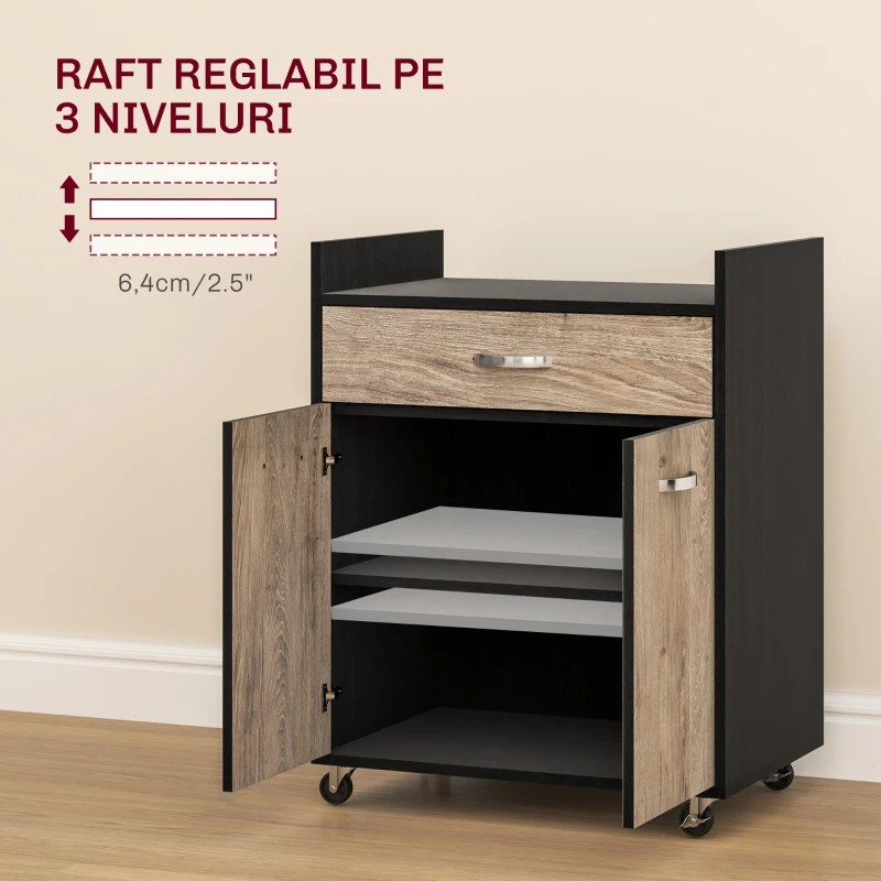 HOMCOM Cărucior de Bucătărie cu Sertar și Dulăpior, Insulă de Bucătărie cu 4 Roți și Raft Reglabil, 60x40x77 cm, Negru(m-5)