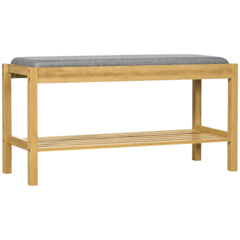 HOMCOM Banco Sapateira de Bambu com Assento Estofado para 3 Pares de Sapatos e Prateleira de 90x30x46 cm Madeira