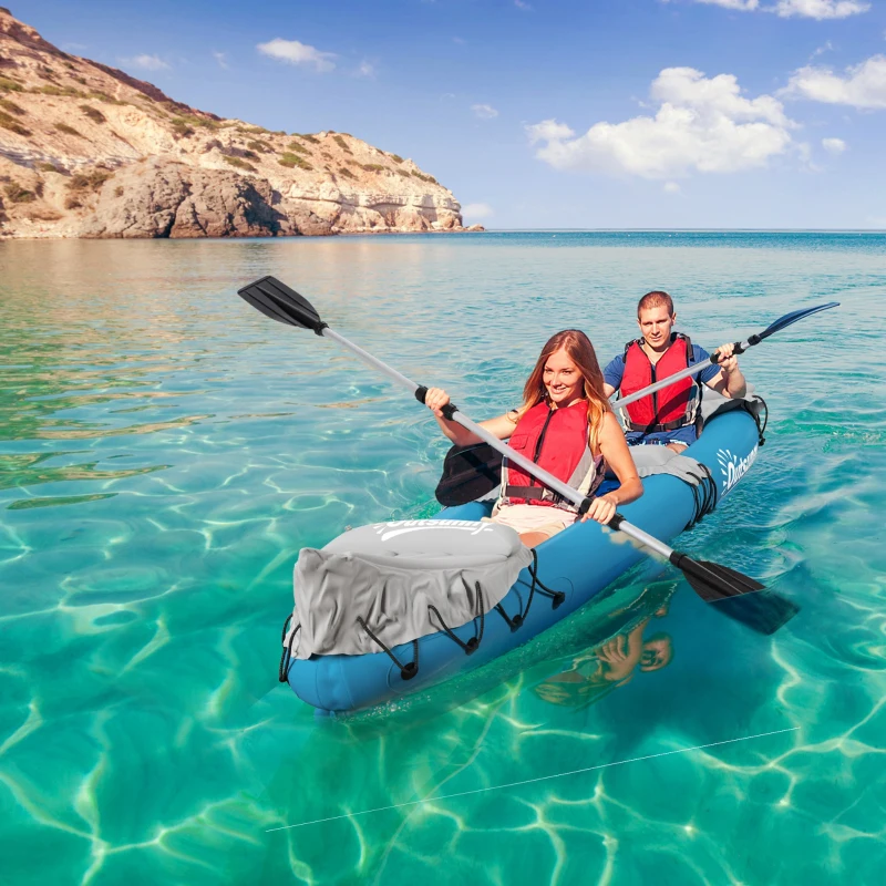 Outsunny Inflatable Kayak, Two-Person Inflatable Canoe Boat Set with Air Pump, Aluminium Oars, 318 x 80 x 50cm - Blue
