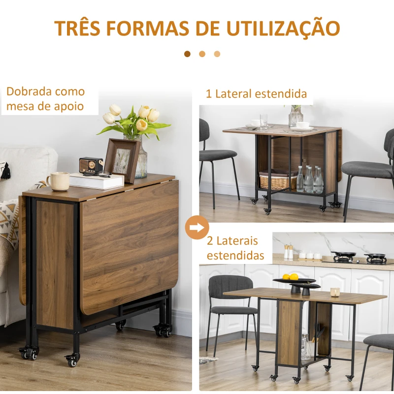 HOMCOM Mesa de Cozinha Dobrável Mesa de Refeição Dobrável com Rodas Laterais Abatíveis e Prateleira Mesa Dobrável para Sala de Jantar 130x80x74 cm Marrom