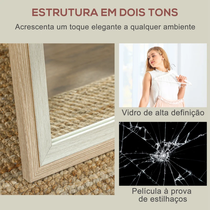 HOMCOM Espelho de Pé 37x157 cm Espelho de Corpo Inteiro com Estrutura de MDF e Suporte Branco e Madeira Clara