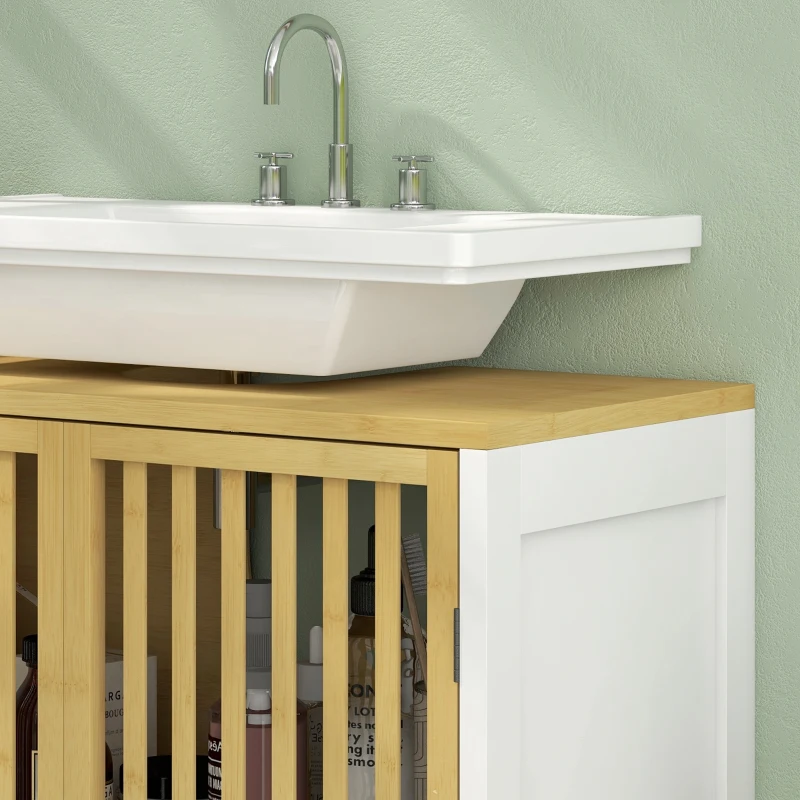 HOMCOM Móvel para Lavatório Pousar de Bambu para Casa de Banho com Porta Dupla e Prateleira Ajustável 60x30x70 cm Natural e Branco