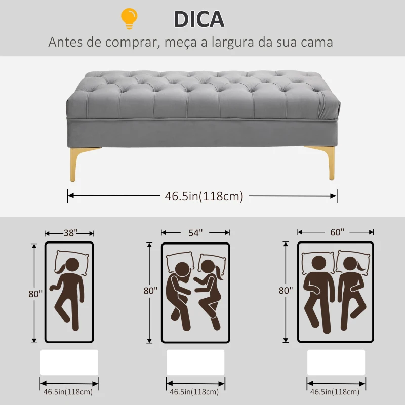HOMCOM Banco de Pé de Cama com Assento Acolchoado e Pés Metálicos Banco para Entrada Corredor Capacidade 120 kg 118x45x42 cm Cinza
