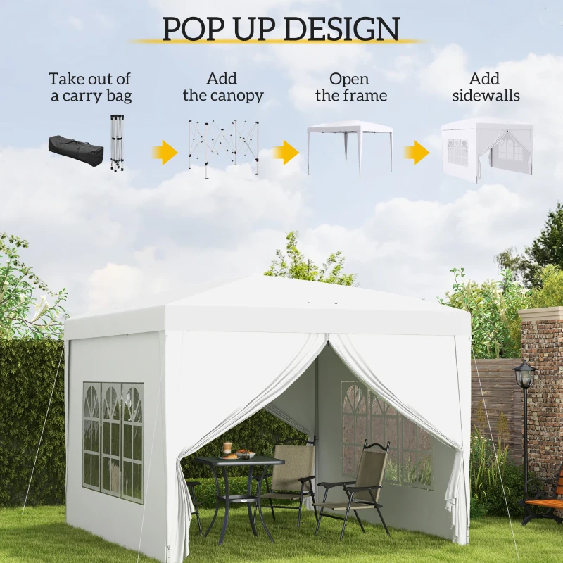 Outsunny Paviljoen, Partytent, 4 afneembare zijwanden, 2 ramen, metalen frame, 2,95 x 2,95 m, Wit