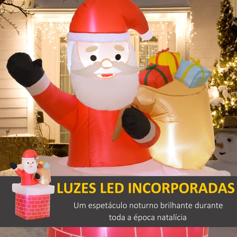 Outsunny Pai Natal Insuflável com Sacos de Presente Saindo de uma Chaminé e Luzes LED par Exterior 130x82x195 cm Vermelho