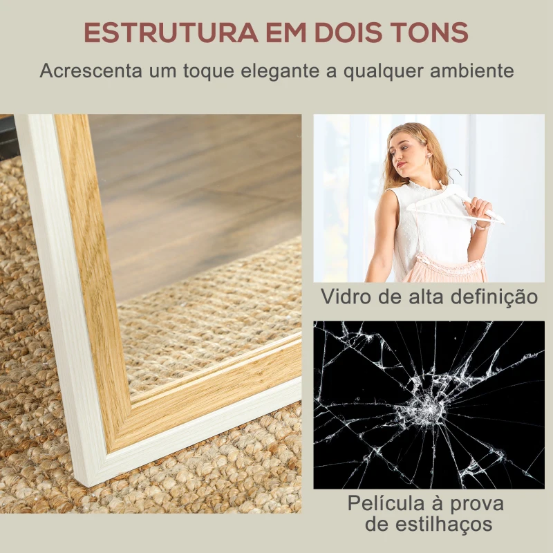 HOMCOM Espelho de Pé 37x157 cm Espelho de Corpo Inteiro com Estrutura de MDF e Suporte Branco e Madeira Escura