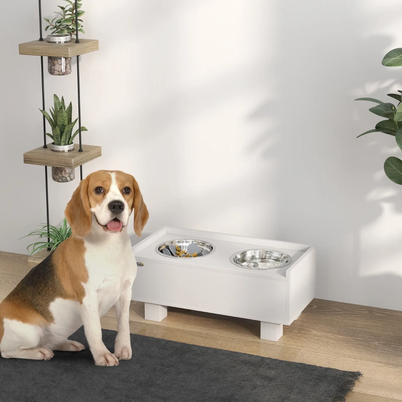 PawHut Verhoogde Voerstation voor Honden, met Afneembare Slow-Feeder Mat, 2 Aluminium Kommen, Opbergruimte, Wit
