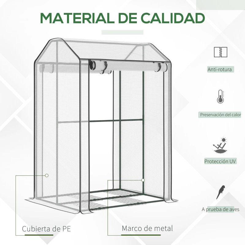 Outsunny Invernadero de Jardín Vivero Casero con Puerta Enrollable Cubierta de PE y Marco de Metal para Cultivos Plantas Tomates Terraza Patio 100x80x150 cm Transparente Blanco