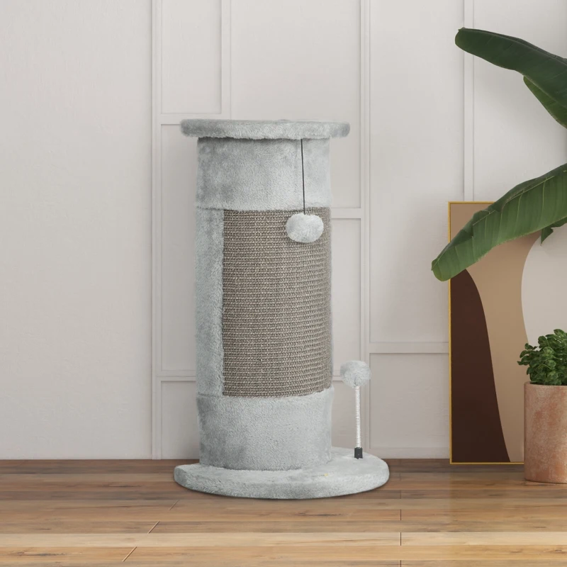 PawHut 58cm Cat Scratching Post, with Covered Plush, Play Balls, for Corner Walls - Grey