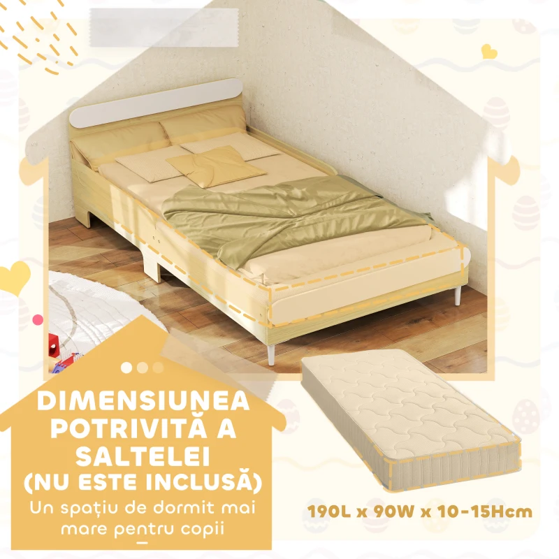 AIYAPLAY Pat Rectangular pentru Copii 3-10 Ani cu Structură din Lemn și Bariere de Protecție, 194,8x103x60,5 cm, Alb