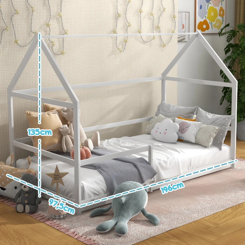 AIYAPLAY Cama Infantil 90x190 cm em Forma de Casa com Barreira Protetora Cama Casinha de Madeira Carga 60 kg Branco