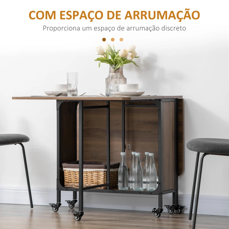 HOMCOM Mesa de Cozinha Dobrável Mesa de Refeição Dobrável com Rodas Laterais Abatíveis e Prateleira Mesa Dobrável para Sala de Jantar 130x80x74 cm Marrom
