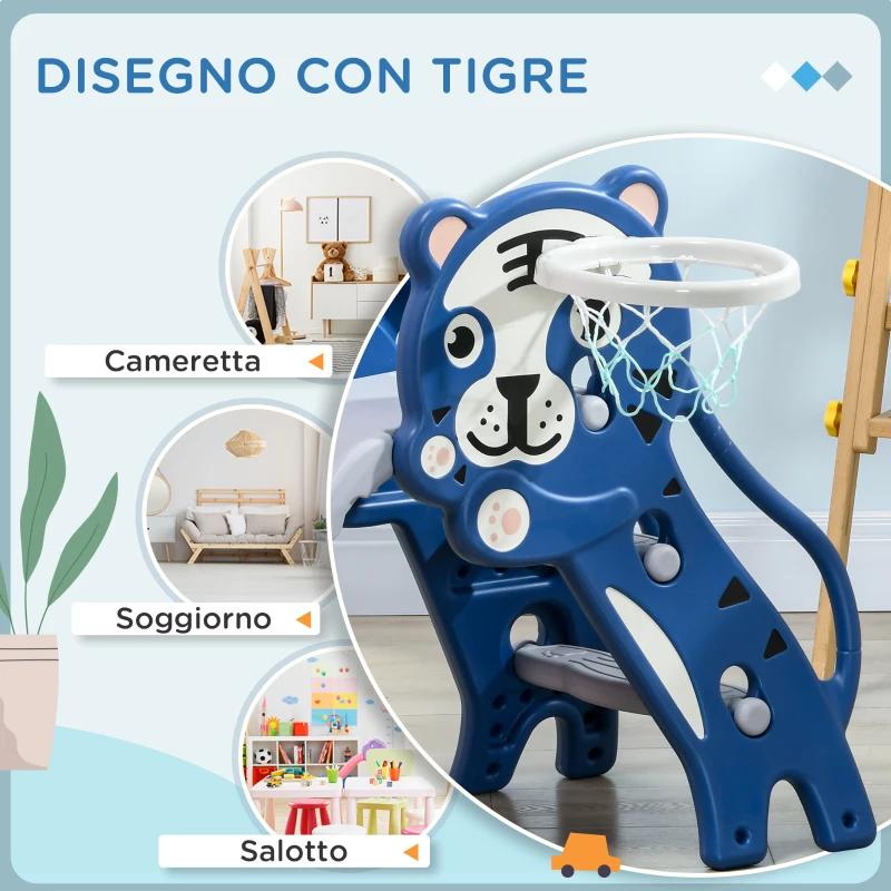 AIYAPLAY Scivolo per Bambini 18-36 Mesi con Canestro da Basket Laterale in PE, 133x60x70 cm, Blu e Grigio