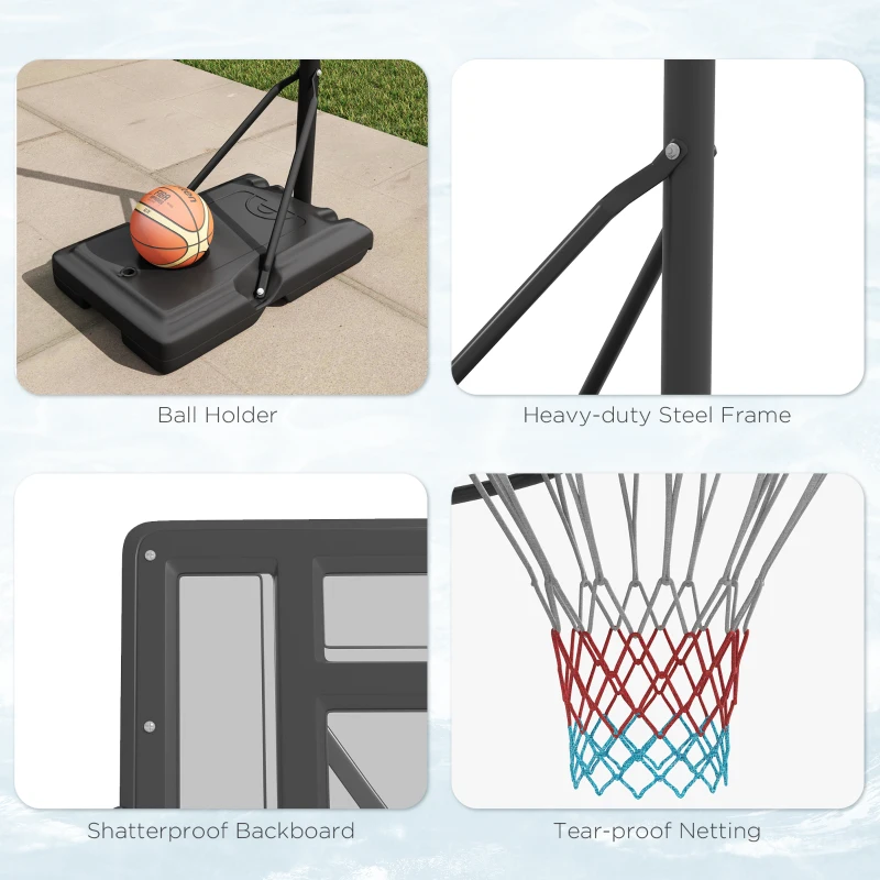 SPORTNOW Cos de baschet  reglabil pe inaltime pentru gradina piscina baza umpluta spatiu pentru minge cos baschet exterior inaltime reglabila cos de baschet pentru adulti plasa pentru cos de baschet postament cu roti panou pe structura otel