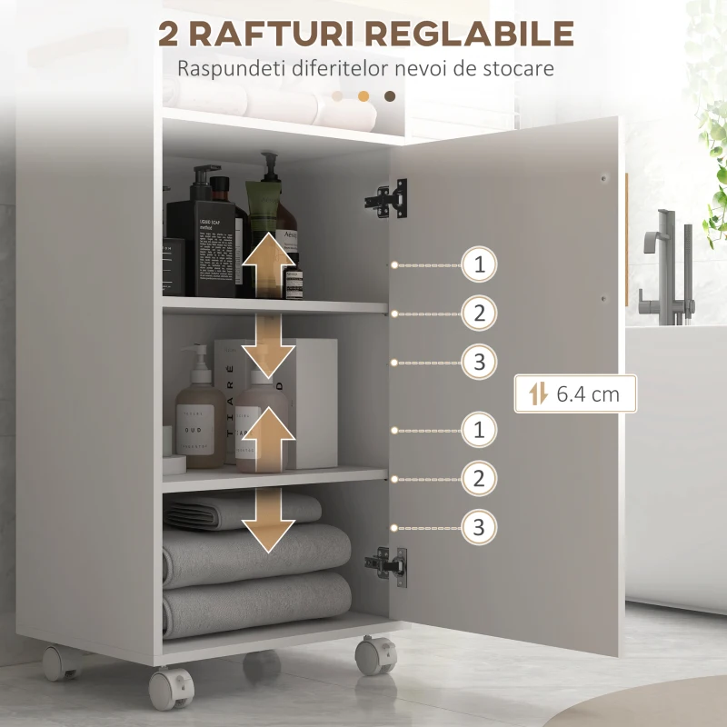 Kleankin Dulap Mobil Baie – Alb, Cu Roti, Tava & Raft Reglabil(m-5)