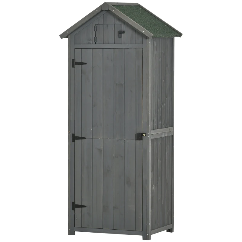 Outsunny Gartenschrank Holz, Geräteschuppen wetterfest 77x54,2x179cm, Gerätehaus mit Tür, Satteldach, Geräteschrank mit Böden, Werkzeugschrank Gartenschuppen für Garten, Terrasse, Grau+Grün