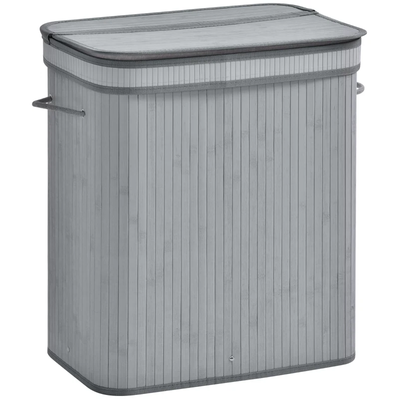 HOMCOM 100 L Bamboe Wasmand, met Deksel en Uitneembaar Futter, Opvouwbare Kledingmand, Waterafstotend, Grijs