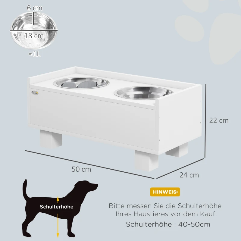 PawHut Verhoogde Voerstation voor Honden, met Afneembare Slow-Feeder Mat, 2 Aluminium Kommen, Opbergruimte, Wit