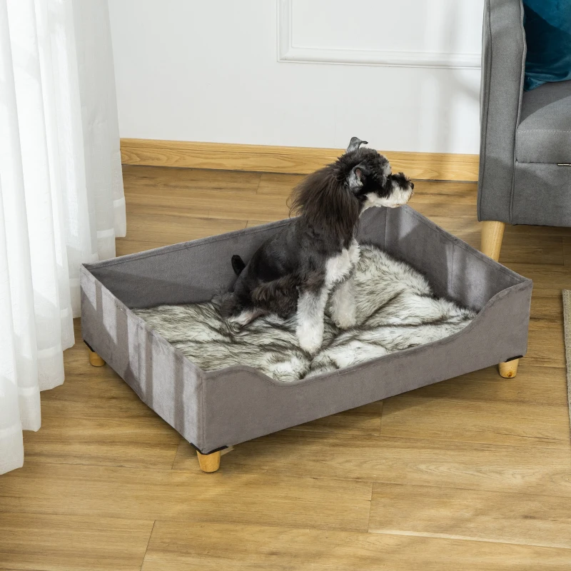 PawHut Cuccia per Cani Rialzata con Pannelli in Legno MDF, Cuscino Imbottito, 81Lx56x23.5cm, Grigia
