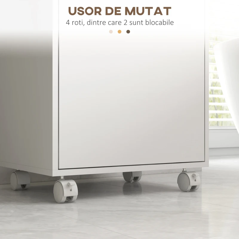 Kleankin Dulap Mobil Baie – Alb, Cu Roti, Tava & Raft Reglabil(m-6)