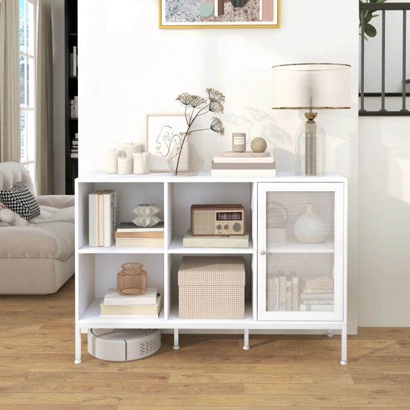 HOMCOM Mobile Buffet con 4 Ripiani Aperti e Armadietto, in Truciolato e Acciaio, 120x37x81.5 cm, Bianco