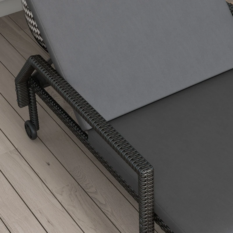 Outsunny Espreguiçadeira de Vime com Encosto Ajustável em 5 Posições Acolchoado e 2 Rodas 73x200x48 cm Cinza Escuro e Preto