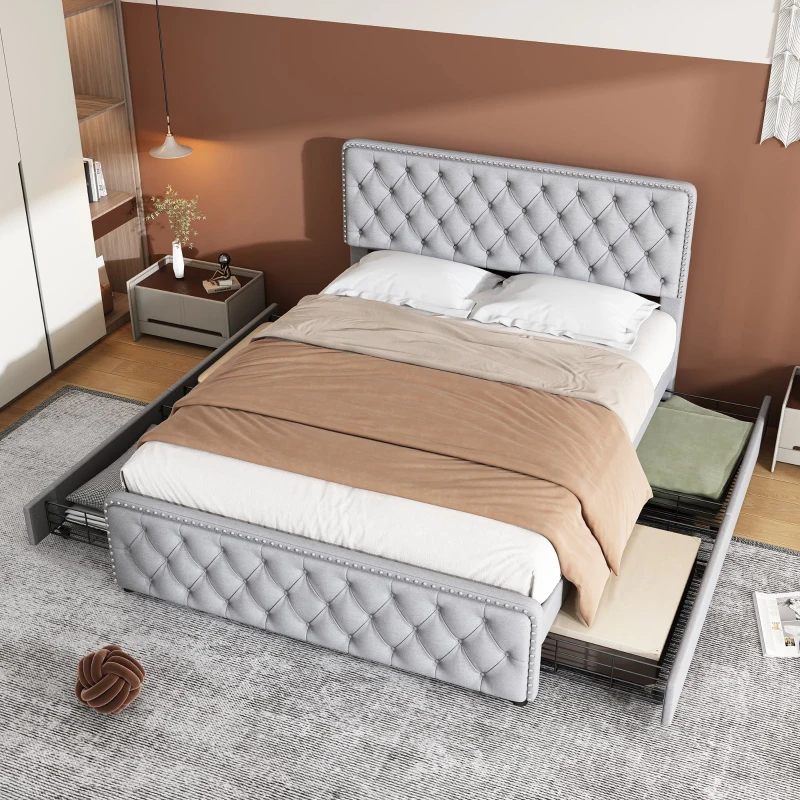 Polsterbett mit hydraulischem Bettkasten und drei Schubladen, Lattenrost mit Kopfteil, ohne Matratze, 180×200 cm, Hellgrau