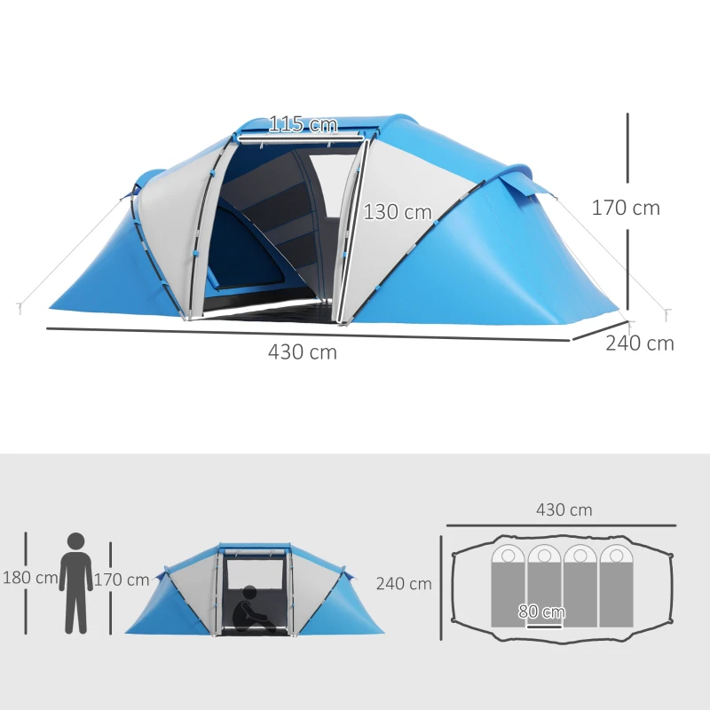 Outsunny kampeertent 4 Personen Familie Met Slaapcabines Ruime Voor Groepen Tunneltent, Blauw