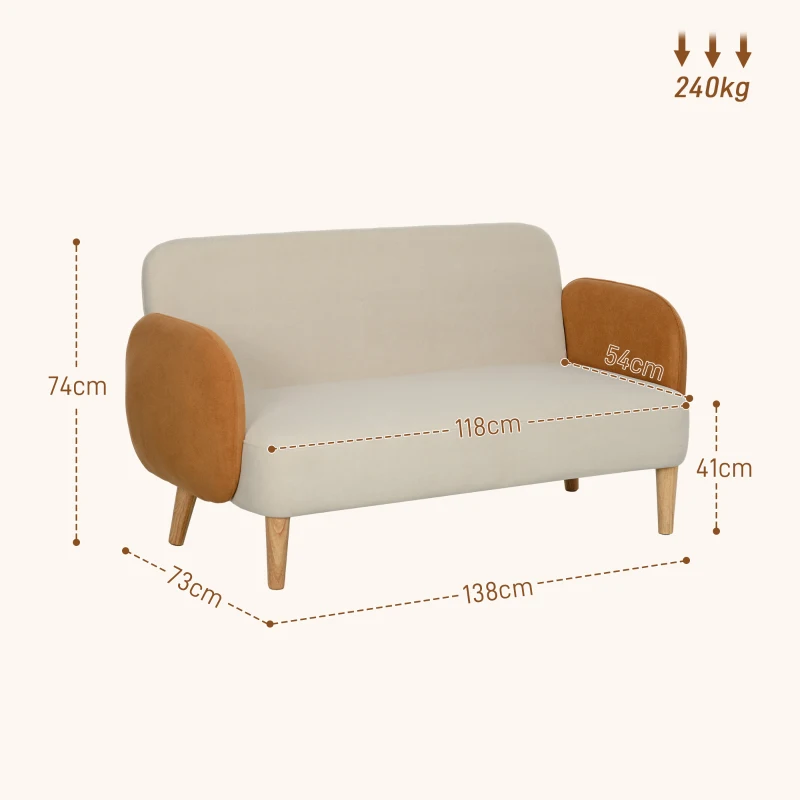 HOMCOM Canapea cu 2 Locuri în Stil Nordic din Material Textil cu Brațe și Picioare din Lemn, 138x73x74 cm, Alb Crem(m-3)