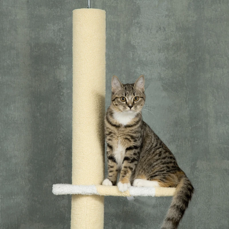 PawHut Árvore para Gatos do Chão ao Teto com Altura Ajustável 3 Plataformas Poste de Sisal e Bola para Brincar 47x34x220-260cm Creme