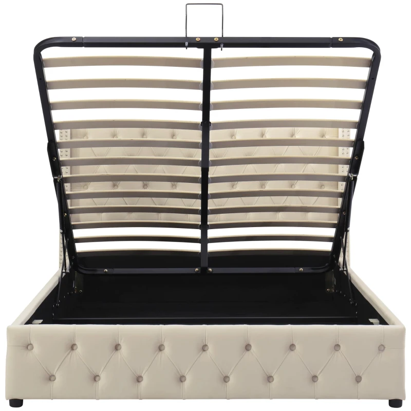 Cama tapizada con cajón hidráulico y somier, sin colchón, 140×200 cm, Beige