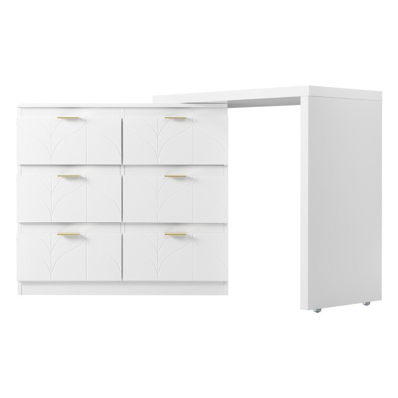 Vanity Table with 6 Storage Drawers, Rotating Top, Gold Handles, Dressing Table with Shock-Resistant Corners, 136.5L x 40W x 73H cm, White