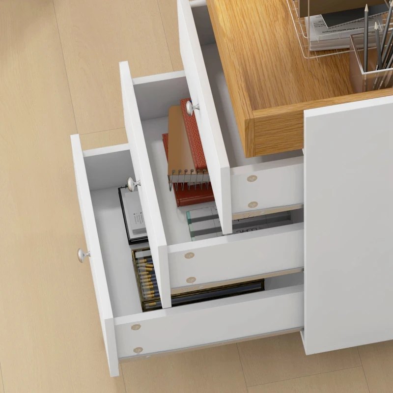 HOMCOM Bloco de Gavetas para Escritório com 4 Rodas 3 Gavetas e 1 Bandeja Amovível Carga 30 kg 43x40x66,5 cm Branco e Natural