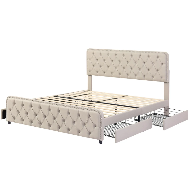 Letto imbottito con fibbia a forma di  diamante progettate e rivetti, quattro cassetti, senza materasso, 180×200 cm, Beige