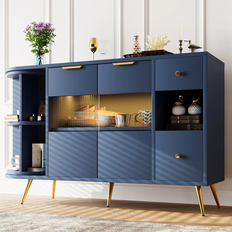 Credenza portaoggetti autoportante con Ante in Vetro e Luci LED, 130×40×80 cm, Blu