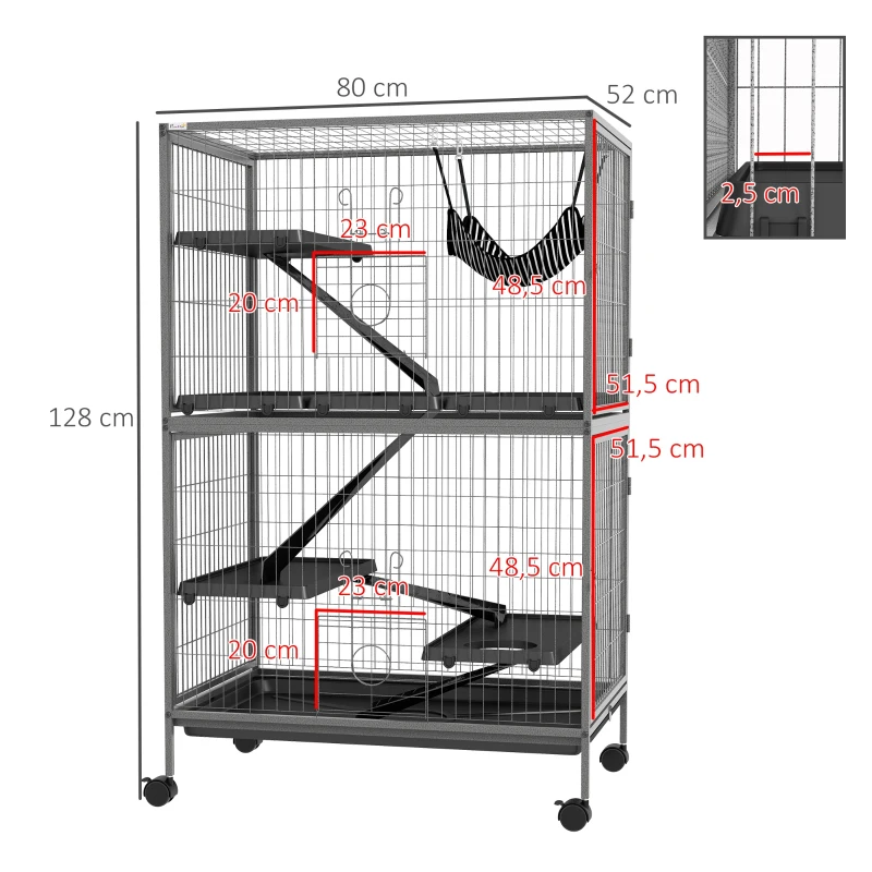 PawHut Gaiola para Roedores 80x52x128 cm Casa de 4 Alturas com Rampas Suspensa Rede Bandeja Removível Rodas Cinza Prateado