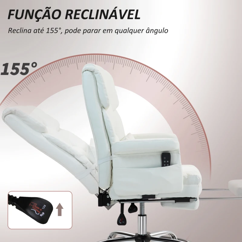 HOMCOM Cadeira de Escritório com Massagem em 6 Pontos Apoio para os Pés Retrátil Controlo Remoto e Suporte Lombar 69x65x115 cm Branco