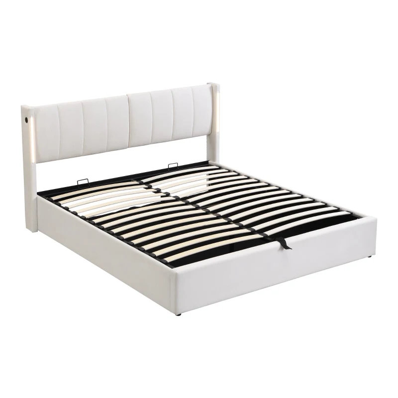 Double Bed Frame with Storage and LED Lights, Upholstered Double Bed Base with USB Port, Adjustable Headboard, 191L x 136W x 103H cm, White